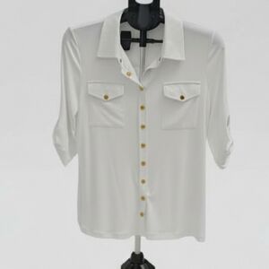 Calvin Klein Blouse, Brilliant White with Gold Snaps and 3/4 Sleeves
